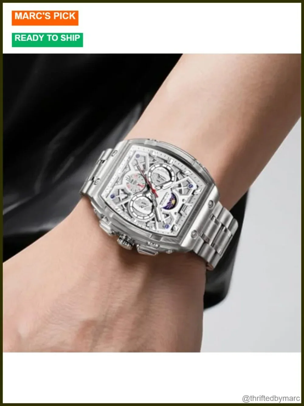 Luxury Men's Square Chronograph Moon Phase Stainless Steel Dress Wrist Watch